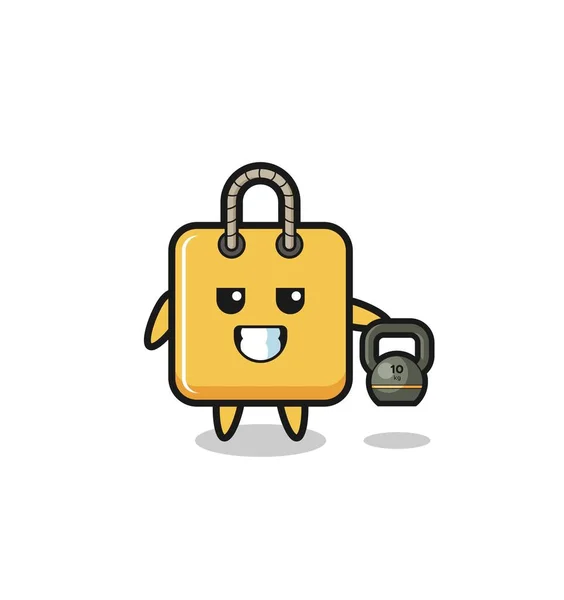 Shopping Bag Mascot Lifting Kettlebell Gym Cute Design — стоковый вектор