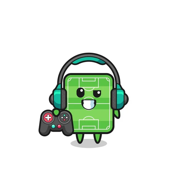 Football Field Gamer Mascot Holding Game Controller Cute Design — Image vectorielle