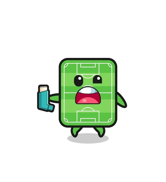 Football Field Mascot Having Asthma While Holding Inhaler Cute Design — Image vectorielle
