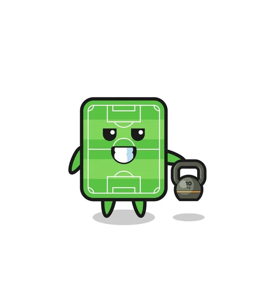 Football Field Mascot Lifting Kettlebell Gym Cute Design — Stock vektor