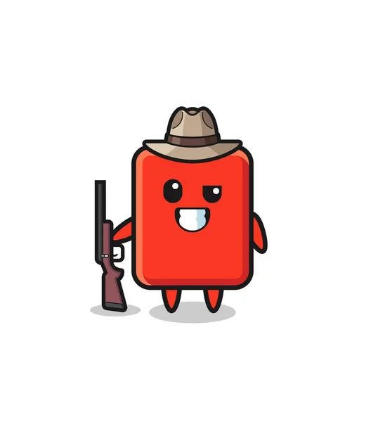 Red Card Hunter Mascot Holding Gun Cute Design — стоковый вектор