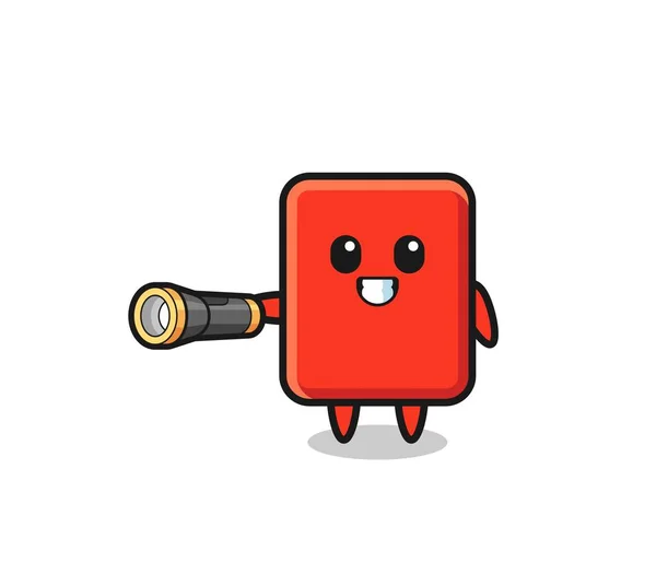 Red Card Mascot Holding Flashlight Cute Design — Stok Vektör