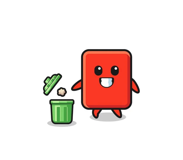 Illustration Red Card Throwing Garbage Trash Can Cute Design — Wektor stockowy