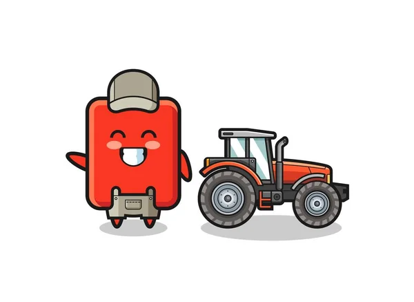 Red Card Farmer Mascot Standing Tractor Cute Design — Stockvektor