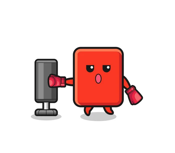 Red Card Boxer Cartoon Doing Training Punching Bag Cute Design — Vetor de Stock