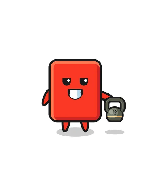 Red Card Mascot Lifting Kettlebell Gym Cute Design — стоковый вектор