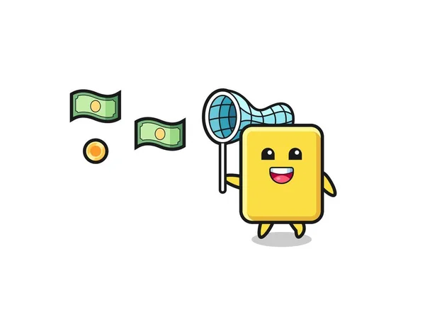 Illustration Yellow Card Catching Flying Money Cute Design — Wektor stockowy