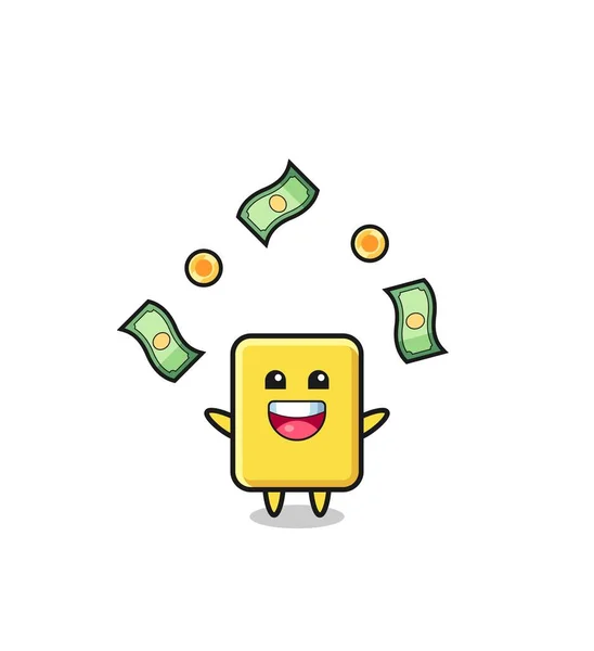 Illustration Yellow Card Catching Money Falling Sky Cute Design — Stok Vektör