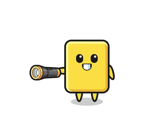 Yellow Card Mascot Holding Flashlight Cute Design — Stok Vektör