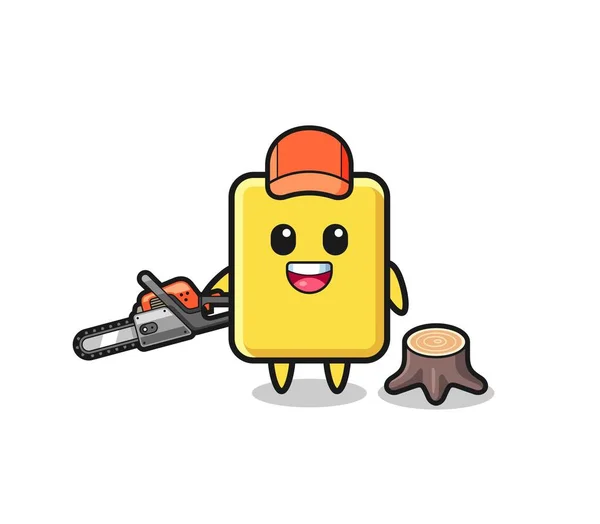 Yellow Card Lumberjack Character Holding Chainsaw Cute Design — Vetor de Stock