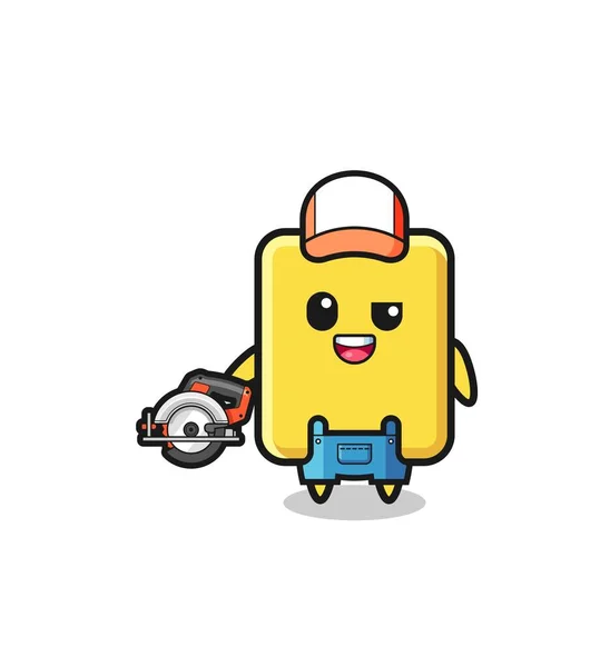 Woodworker Yellow Card Mascot Holding Circular Saw Cute Design — Stockový vektor