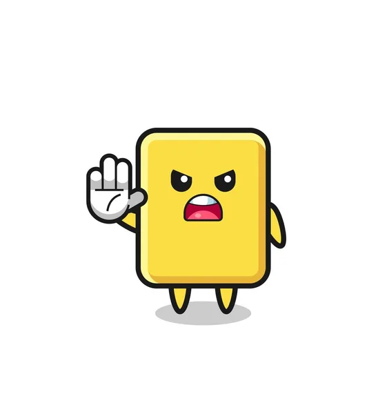 Yellow Card Character Doing Stop Gesture Cute Design — Vetor de Stock