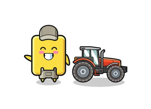 Yellow Card Farmer Mascot Standing Tractor Cute Design — Stockvektor