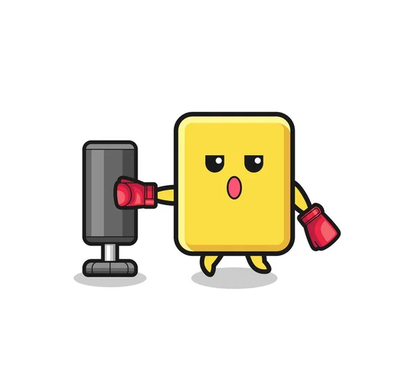 Yellow Card Boxer Cartoon Doing Training Punching Bag Cute Design — Wektor stockowy