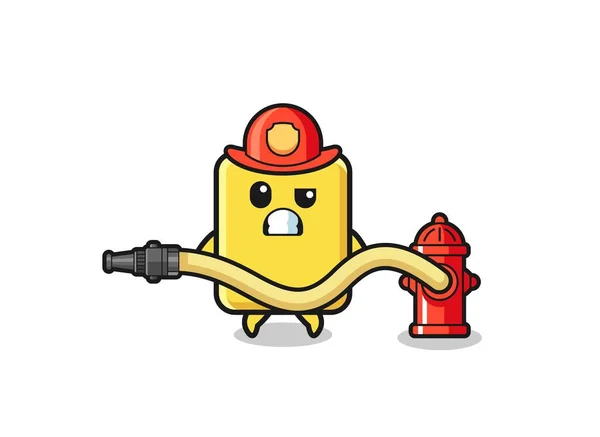 Yellow Card Cartoon Firefighter Mascot Water Hose Cute Design — 图库矢量图片