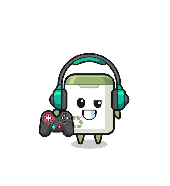 Trash Can Gamer Mascot Holding Game Controller Cute Design — стоковый вектор