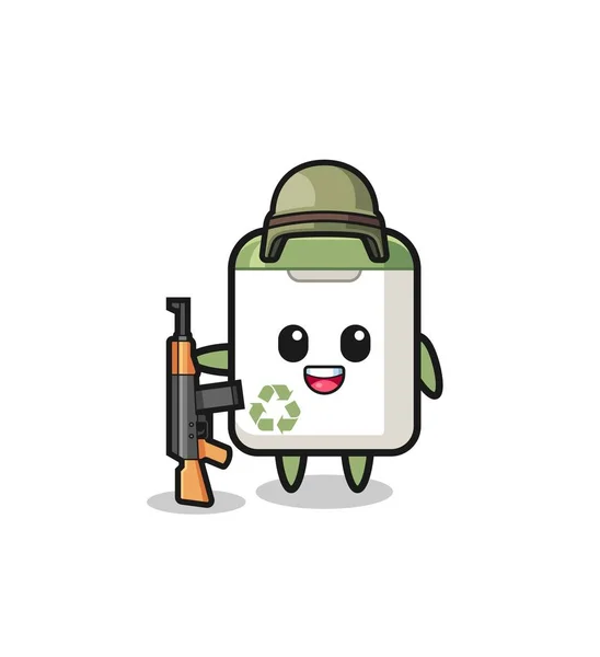 Cute Trash Can Mascot Soldier Cute Design — Vetor de Stock