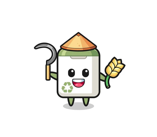 Trash Can Asian Farmer Holding Paddy Cute Design — Image vectorielle