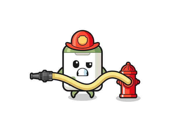 Trash Can Cartoon Firefighter Mascot Water Hose Cute Design — 图库矢量图片