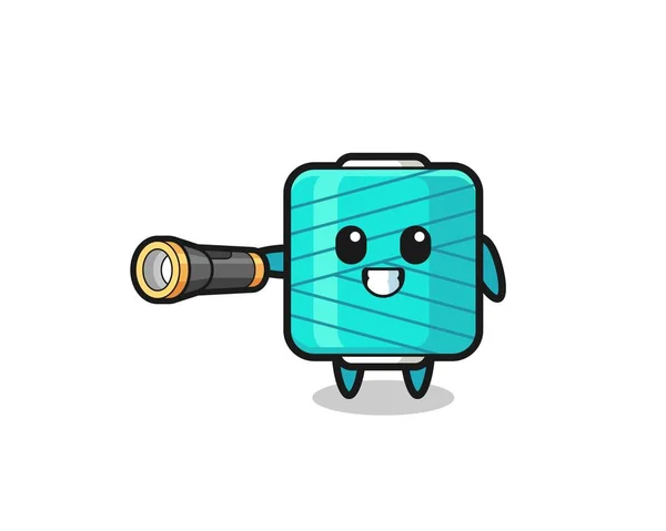 Yarn Spool Mascot Holding Flashlight Cute Design — Stockový vektor