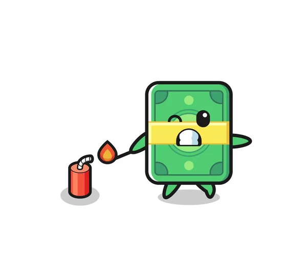 Money Mascot Illustration Playing Firecracker Cute Design — Stok Vektör