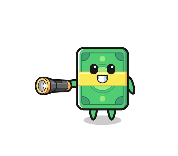 Money Mascot Holding Flashlight Cute Design — Stok Vektör