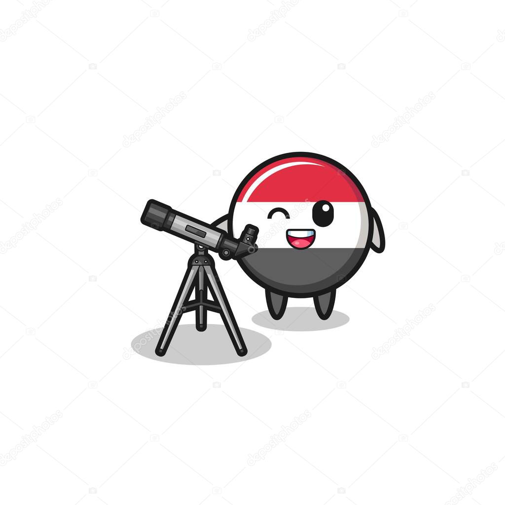 yemen flag astronomer mascot with a modern telescope , cute design