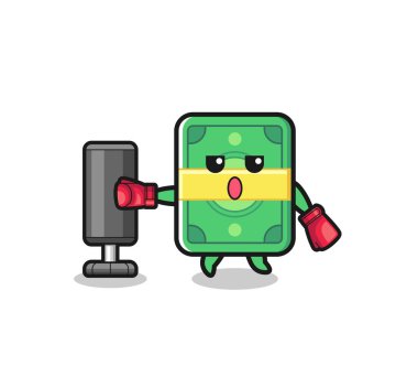 money boxer cartoon doing training with punching bag , cute design