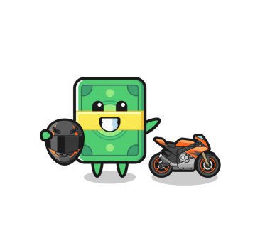 cute money cartoon as a motorcycle racer , cute design