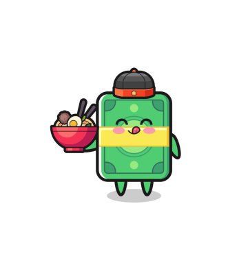 money as Chinese chef mascot holding a noodle bowl , cute design