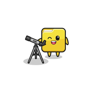 folder astronomer mascot with a modern telescope , cute design