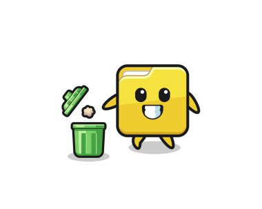 illustration of the folder throwing garbage in the trash can , cute design