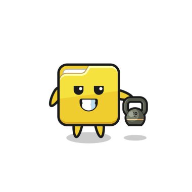 folder mascot lifting kettlebell in the gym , cute design