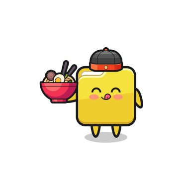 folder as Chinese chef mascot holding a noodle bowl , cute design