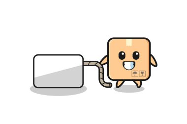 cardboard box cartoon is pulling a banner , cute design