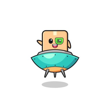 cardboard box cartoon riding a future spaceship , cute design