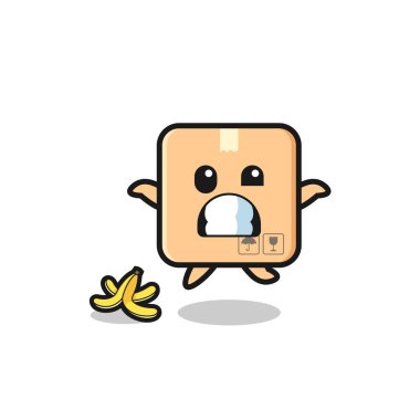 cardboard box cartoon is slip on a banana peel , cute design
