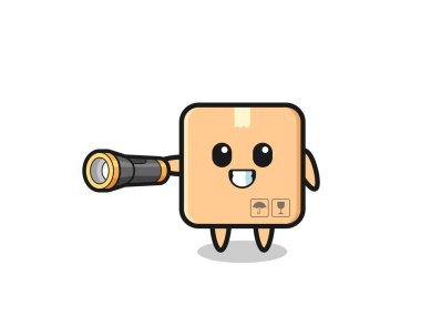 cardboard box mascot holding flashlight , cute design