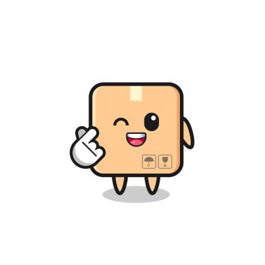 cardboard box character doing Korean finger heart , cute design