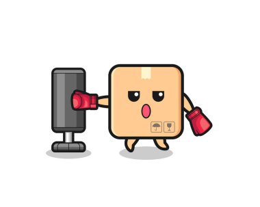 cardboard box boxer cartoon doing training with punching bag , cute design