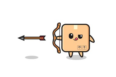 illustration of cardboard box character doing archery , cute design