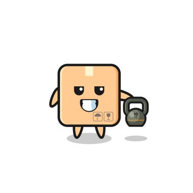 cardboard box mascot lifting kettlebell in the gym , cute design