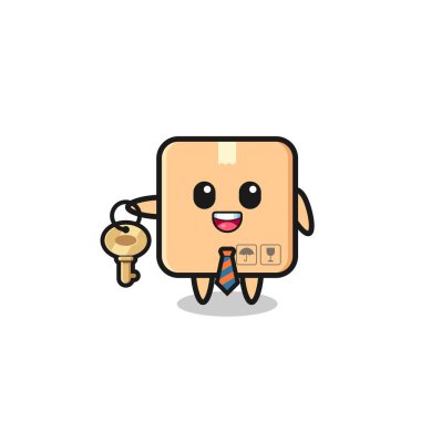 cute cardboard box as a real estate agent mascot , cute design