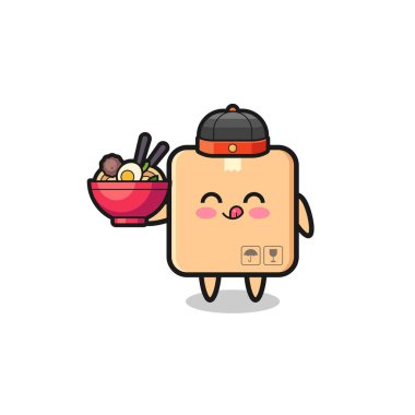 cardboard box as Chinese chef mascot holding a noodle bowl , cute design