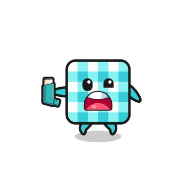 checkered tablecloth mascot having asthma while holding the inhaler , cute design