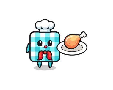checkered tablecloth fried chicken chef cartoon character , cute design