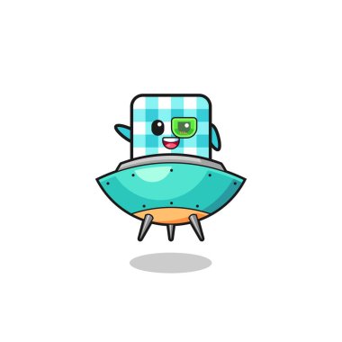 checkered tablecloth cartoon riding a future spaceship , cute design