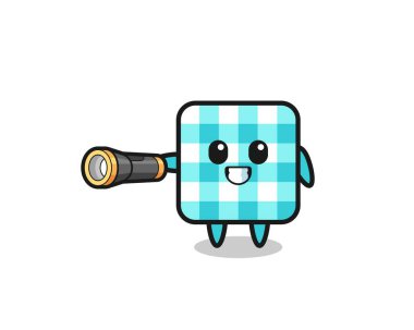 checkered tablecloth mascot holding flashlight , cute design
