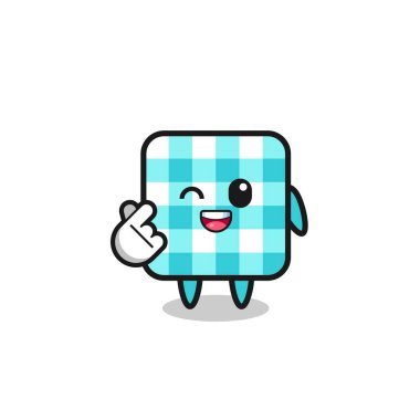 checkered tablecloth character doing Korean finger heart , cute design