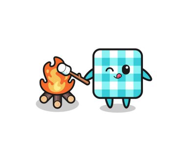 checkered tablecloth character is burning marshmallow , cute design